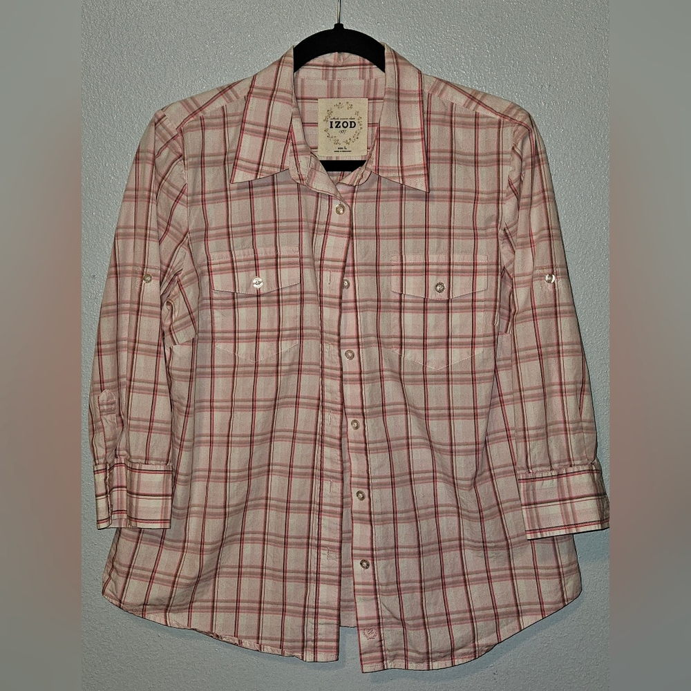 Izod Plaid Long Sleeve Shirt, Pink and White